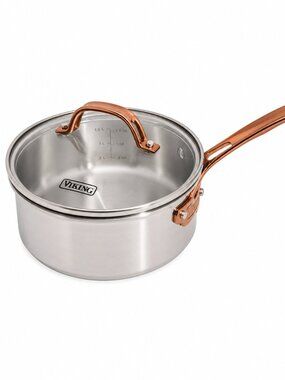 Viking 3-Ply Stainless Steel 2.25 Quart Sauce Pan Glass Lid Copper Handle